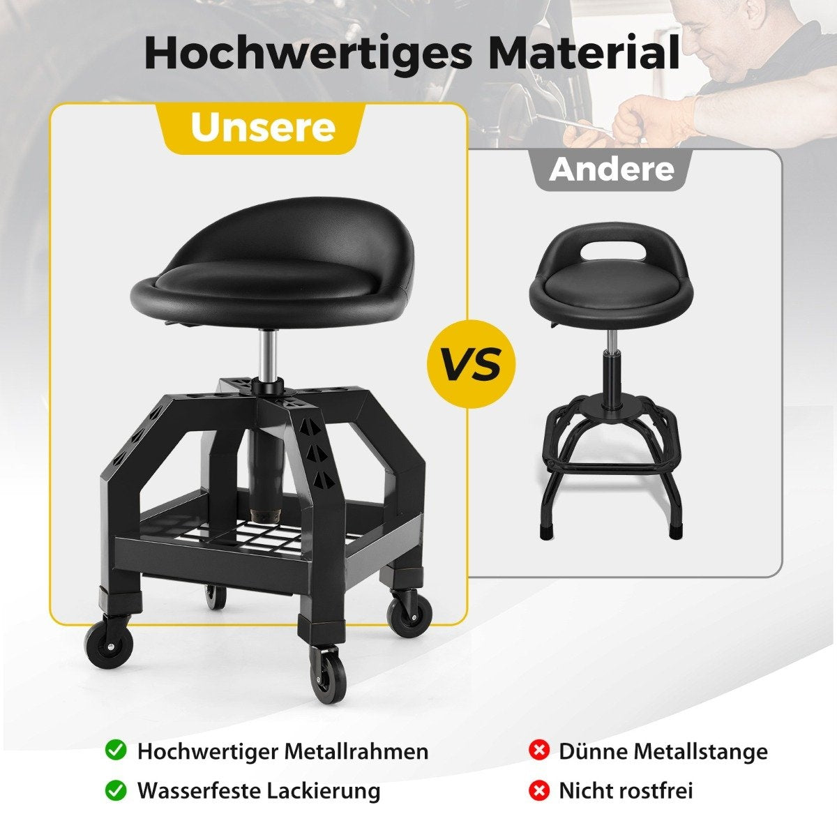 Height-adjustable workshop stool 150 kg load capacity with tool tray workshop chair black