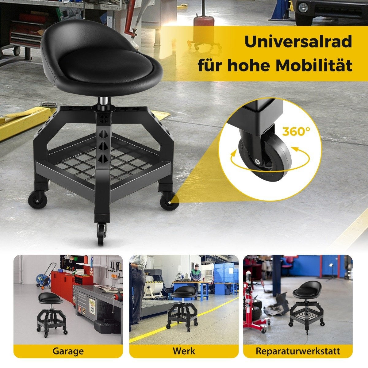 Height-adjustable workshop stool 150 kg load capacity with tool tray workshop chair black