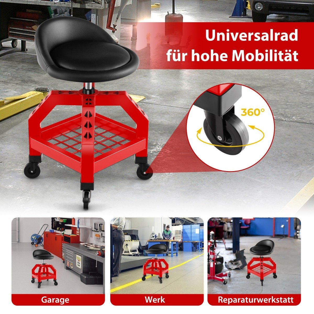 Height-adjustable workshop stool 150 kg load capacity with tool tray workshop chair red