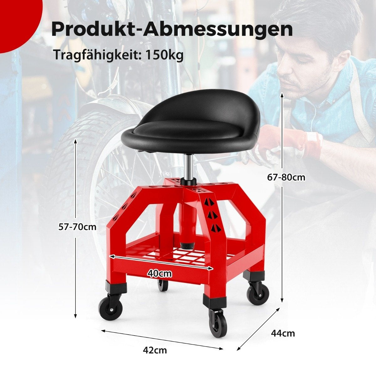 Height-adjustable workshop stool 150 kg load capacity with tool tray workshop chair red