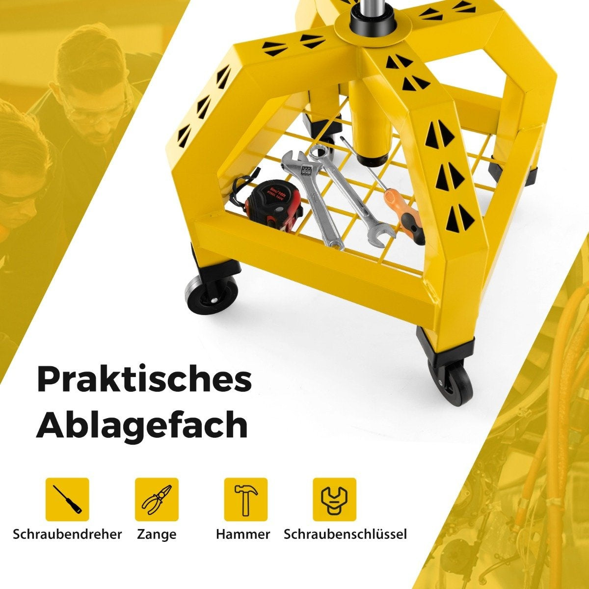 Height-adjustable workshop stool 150 kg load capacity with tool tray workshop chair yellow