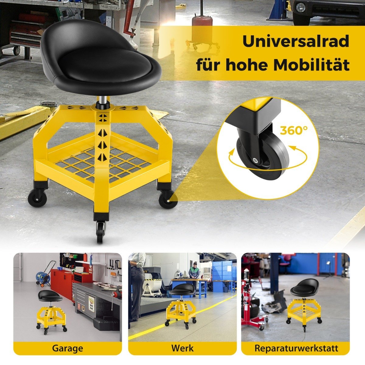 Height-adjustable workshop stool 150 kg load capacity with tool tray workshop chair yellow
