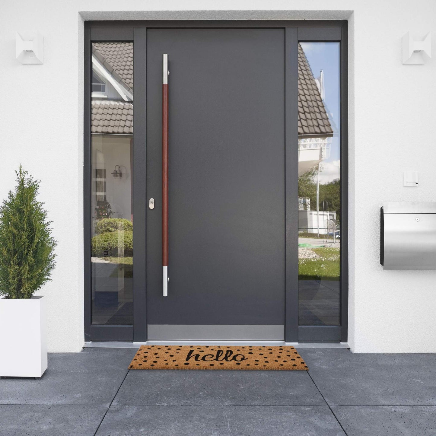Hello coconut door mat with dots