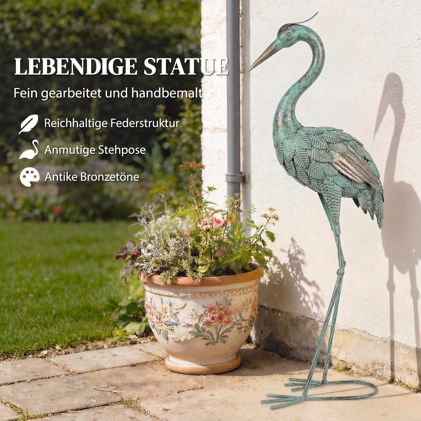 Heron Garden Statue, Metal, 88 cm, Green/Bronze