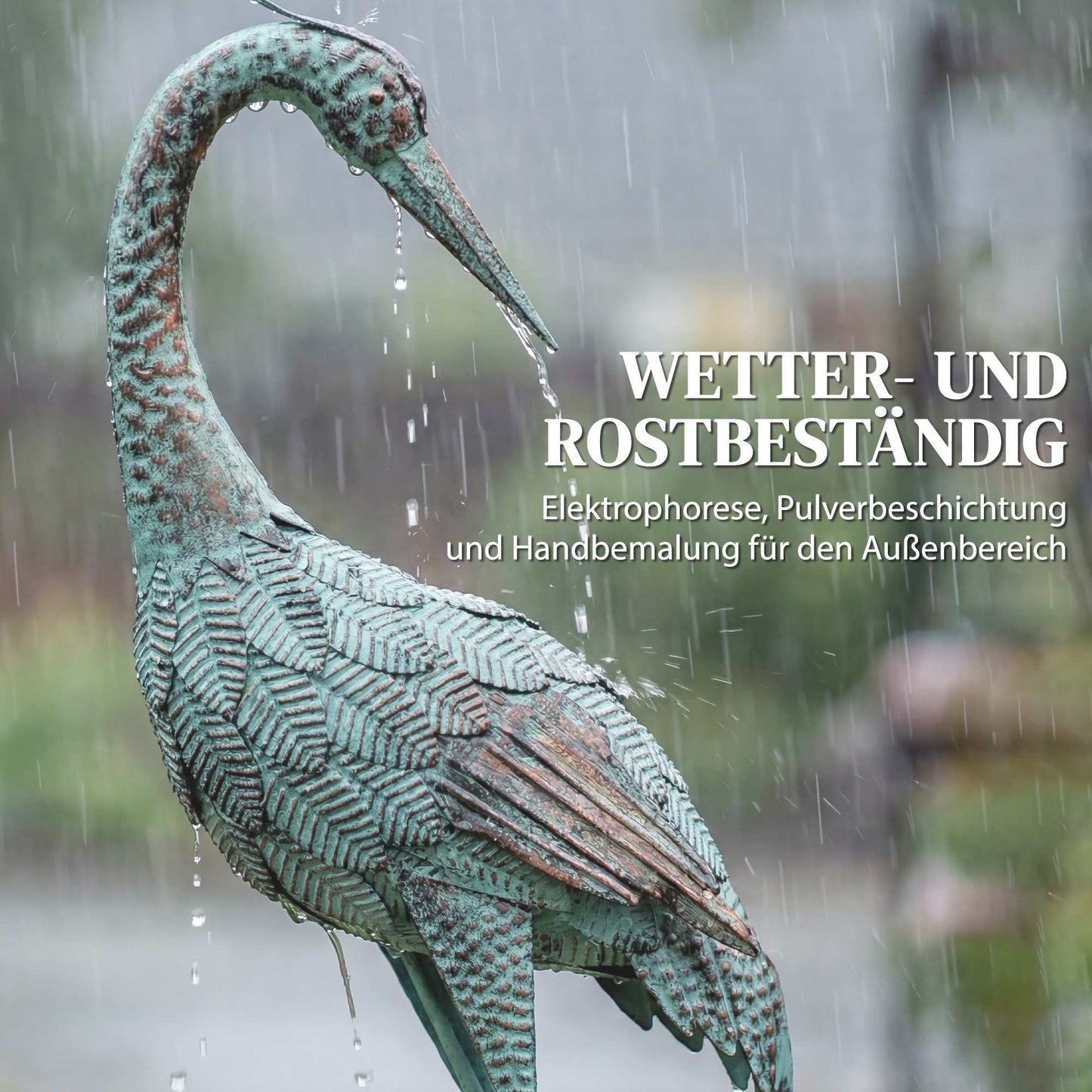 Heron Garden Statue, Metal, 88 cm, Green/Bronze