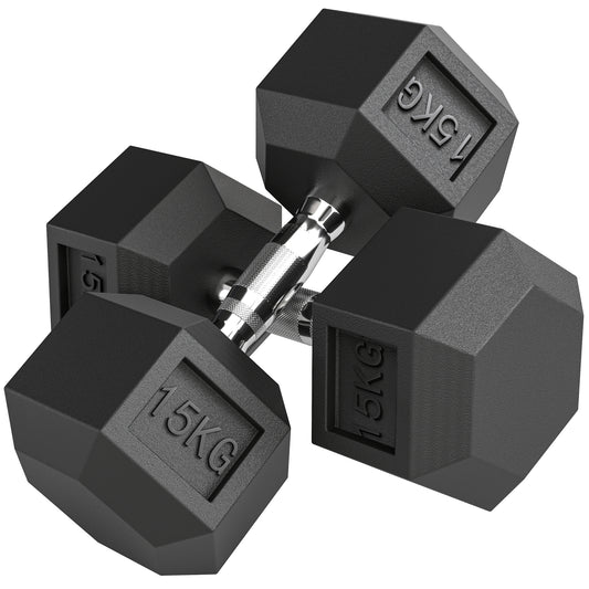 Hex Dumbbells, Knurled Grip, Cast Iron, 2 x 15kg