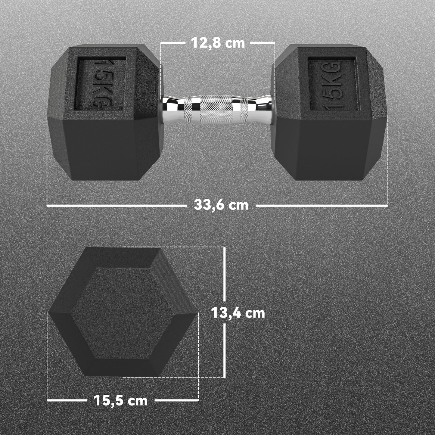 Hex Dumbbells, Knurled Grip, Cast Iron, 2 x 15kg