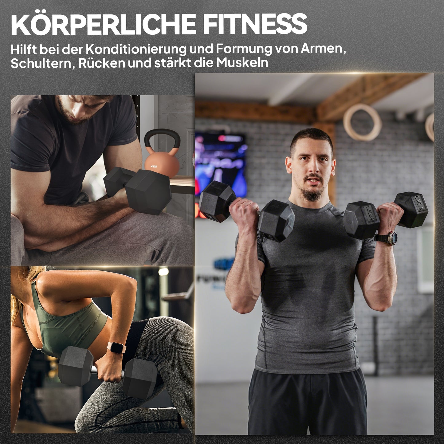 Hex Dumbbells, Knurled Grip, Cast Iron, 2 x 15kg