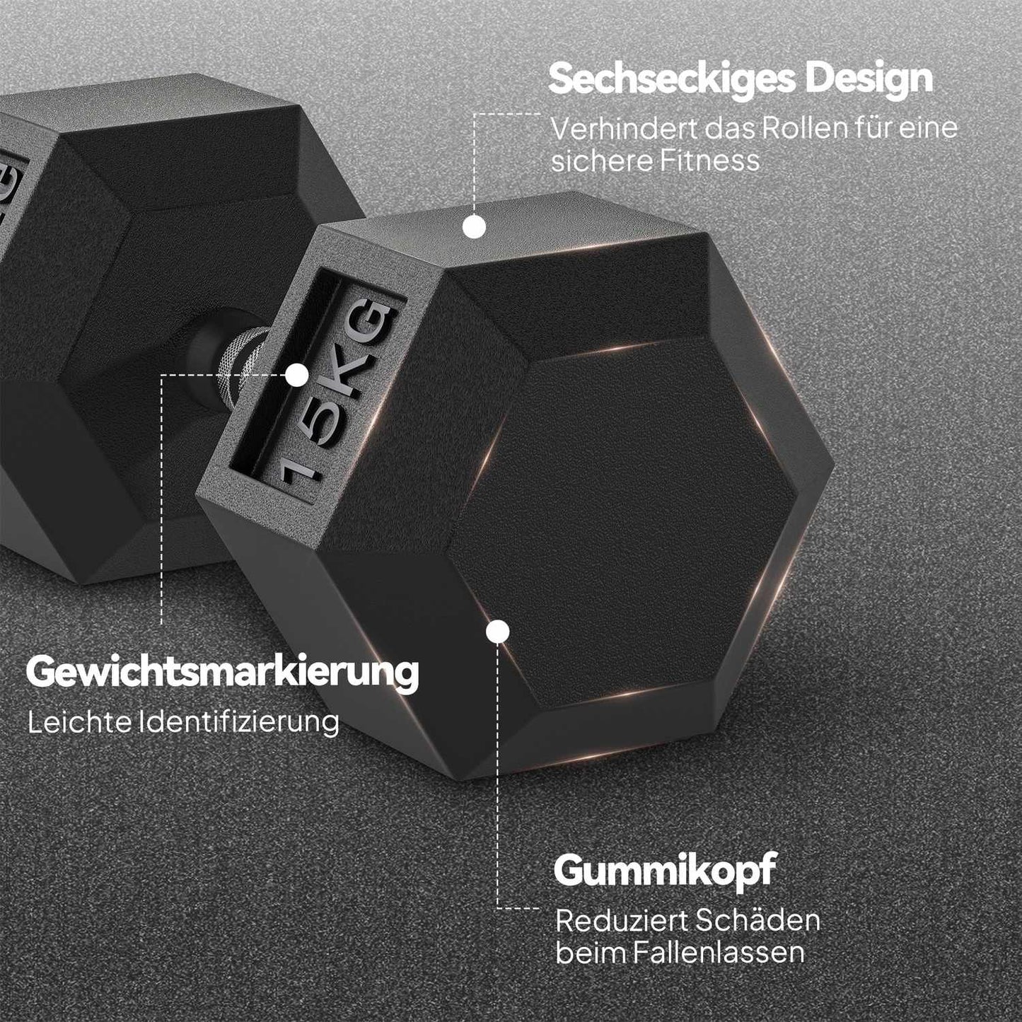 Hex Dumbbells, Knurled Grip, Cast Iron, 2 x 15kg