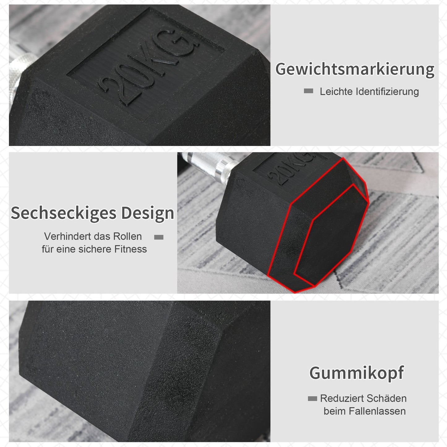 Hexagon cast iron dumbbell, 20 kg, rubber coated, black