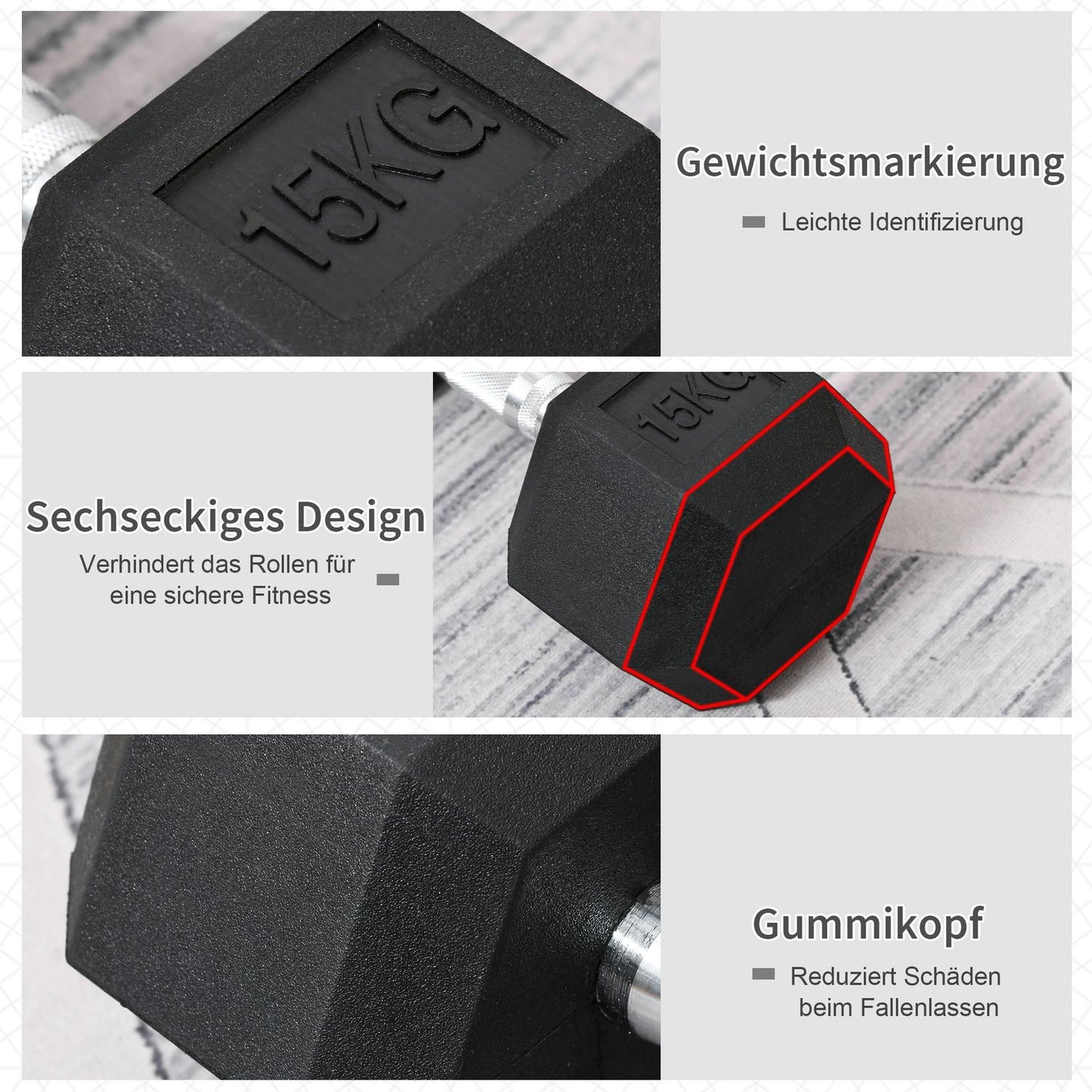 15 kg hexagon dumbbell, knurled handles, cast iron