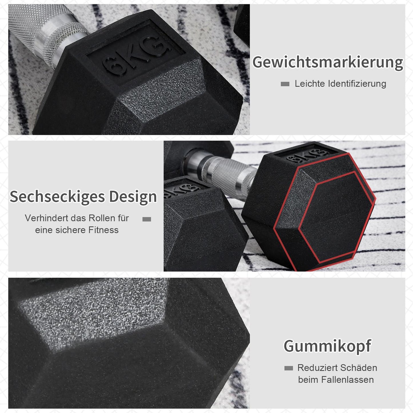 Hexagon Dumbbells Set, 2x6 Kg, rubber coated cast iron