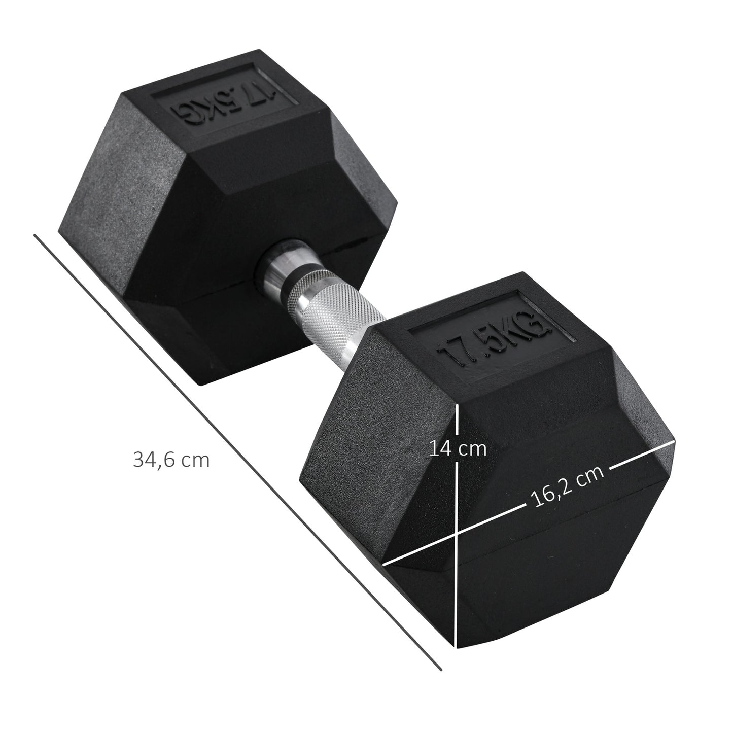 17.5 kg Hexagon rubber dumbbells, black iron for strength training