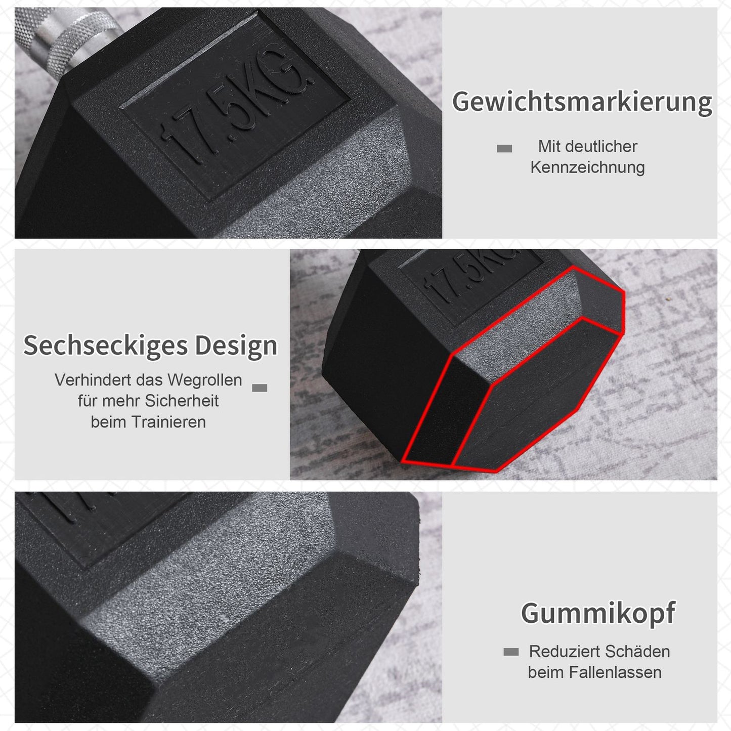 17.5 kg Hexagon rubber dumbbells, black iron for strength training