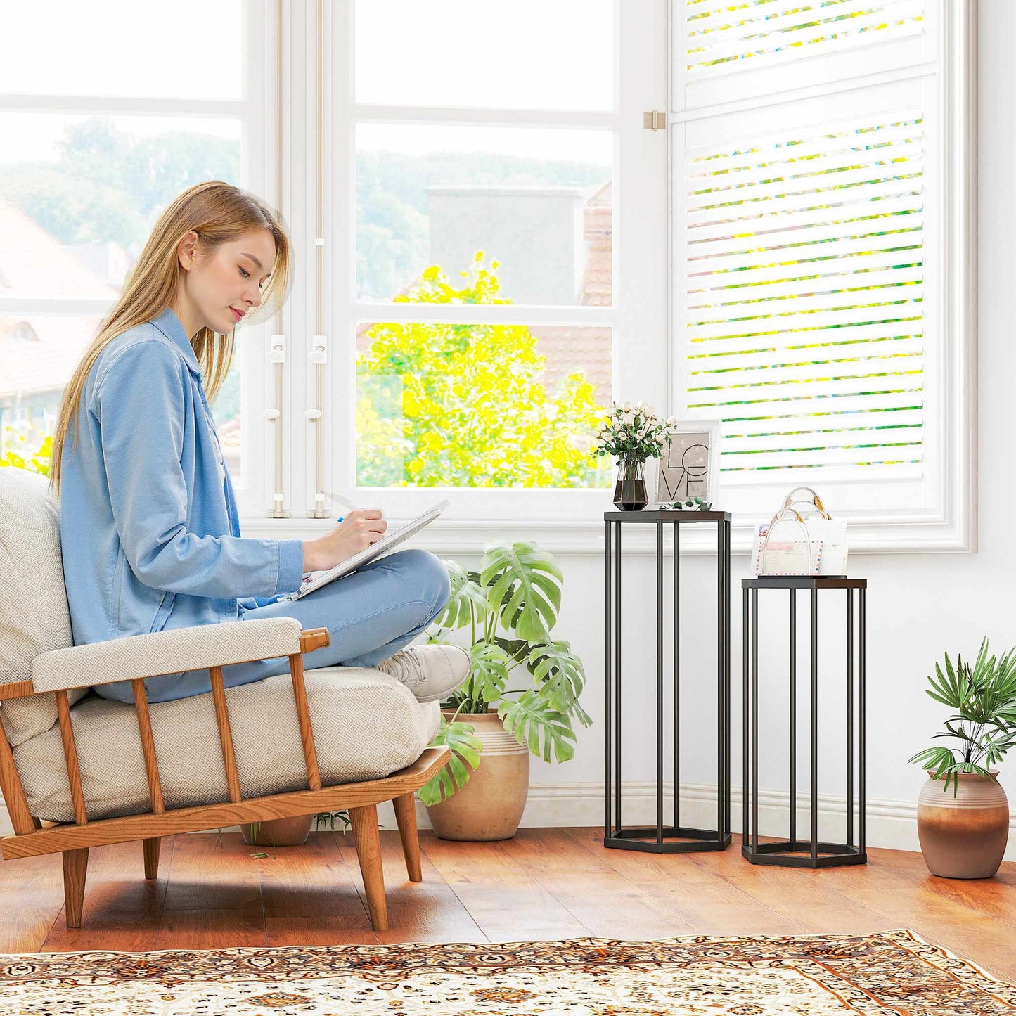 Hexagonal Metal Plant Stands, Indoor Outdoor, Set of 2
