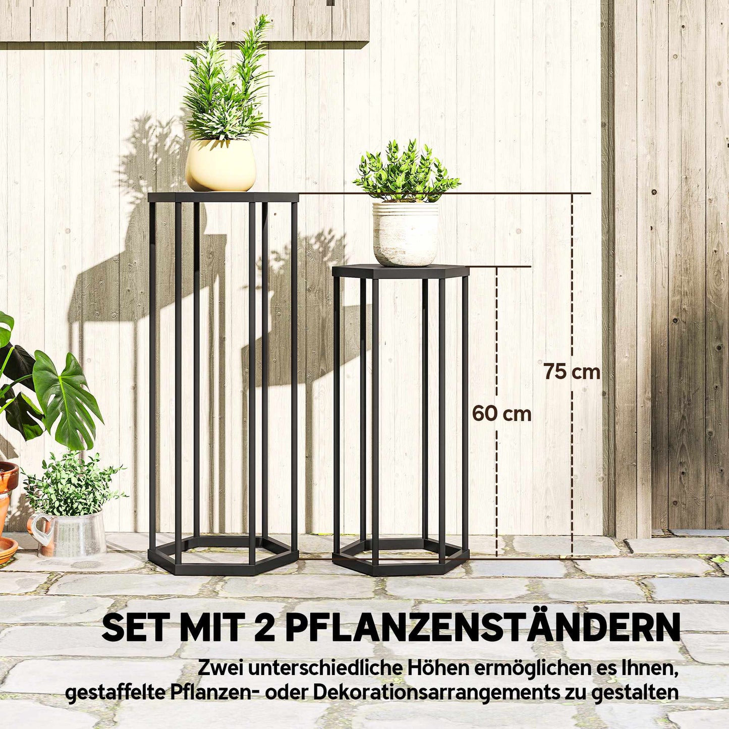 Hexagonal Metal Plant Stands, Indoor Outdoor, Set of 2