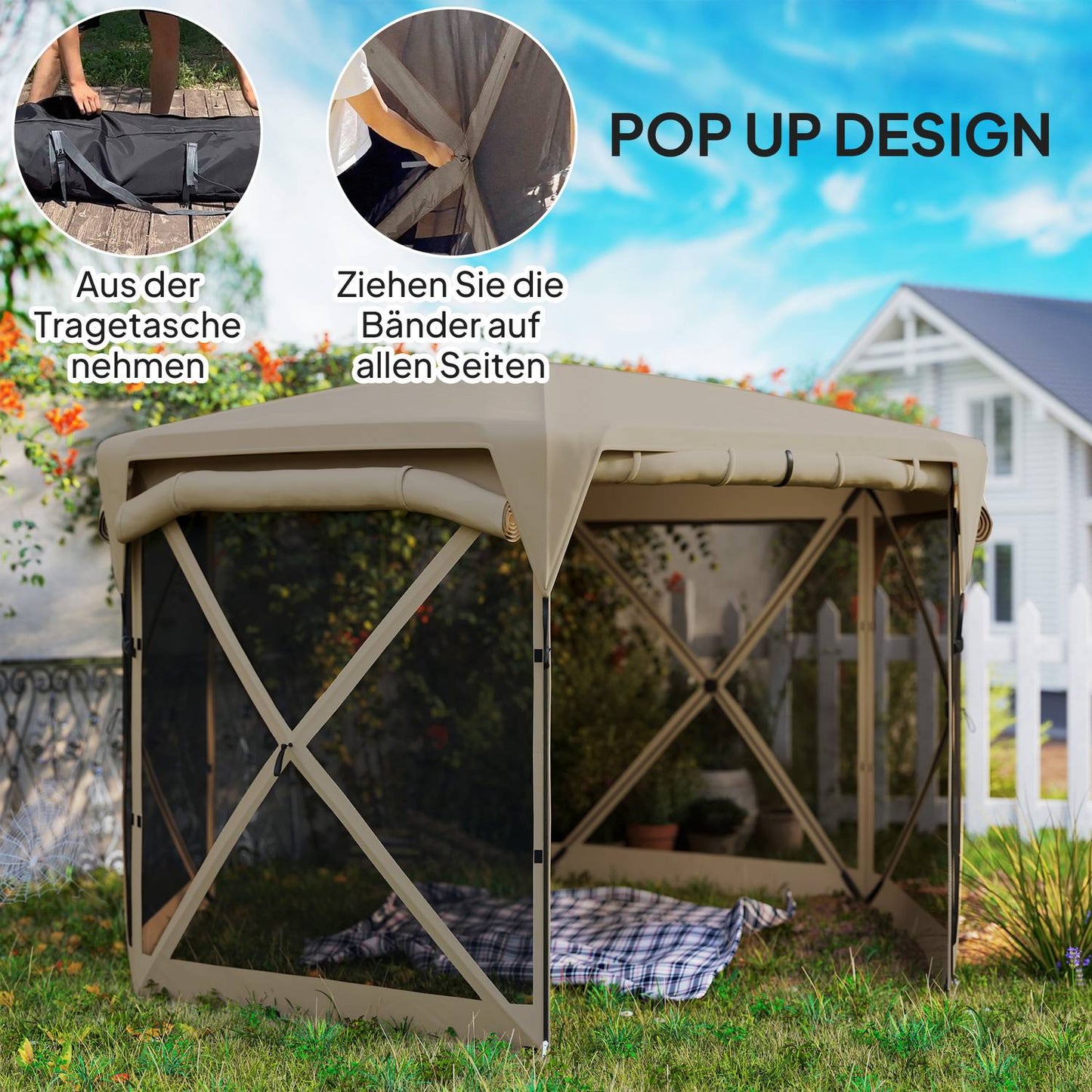 Hexagonal pop-up pavilion 3.5x3m, UV30+ waterproof garden tent