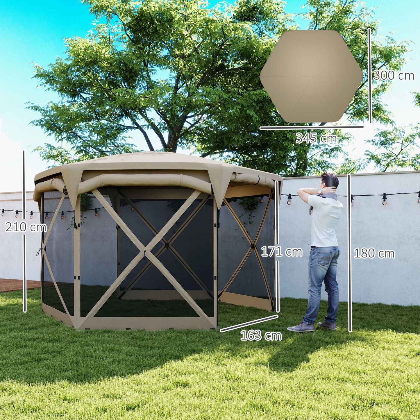 Hexagonal pop-up pavilion 3.5x3m, UV30+ waterproof garden tent