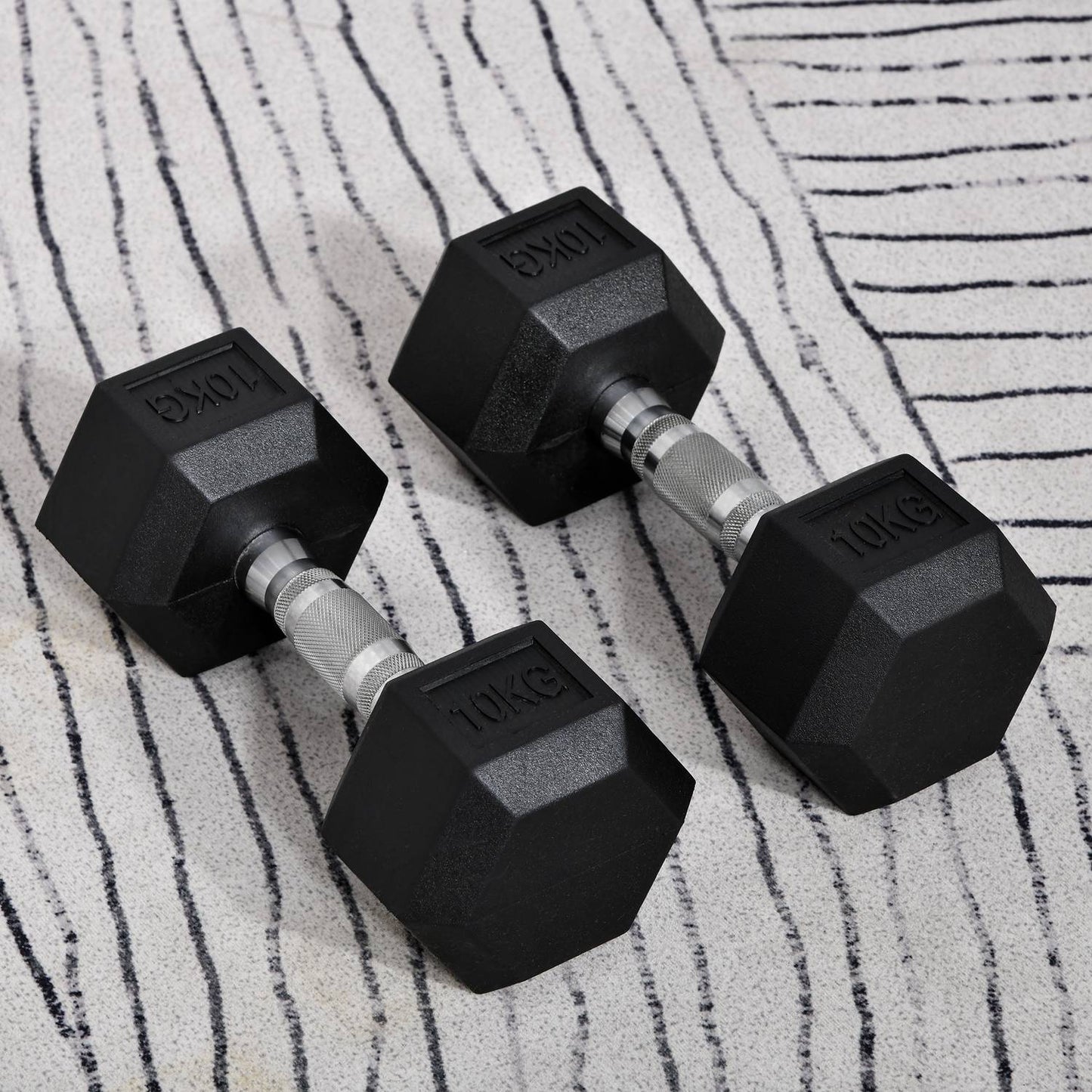 Hexagon Dumbbell set, 2x10kg black rubber coated iron