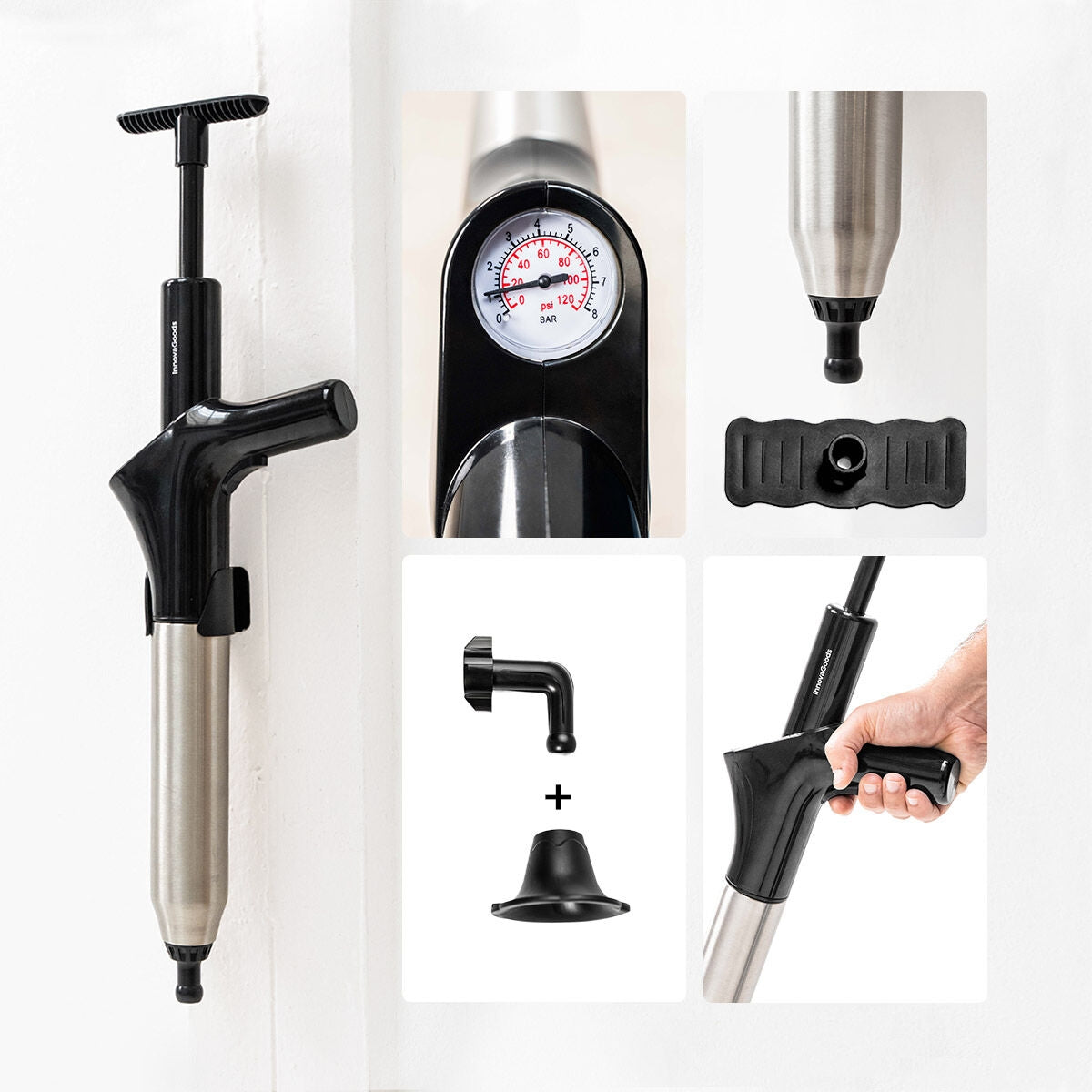 High-Pressure Air Plunger with 7 Accessories & Gauge