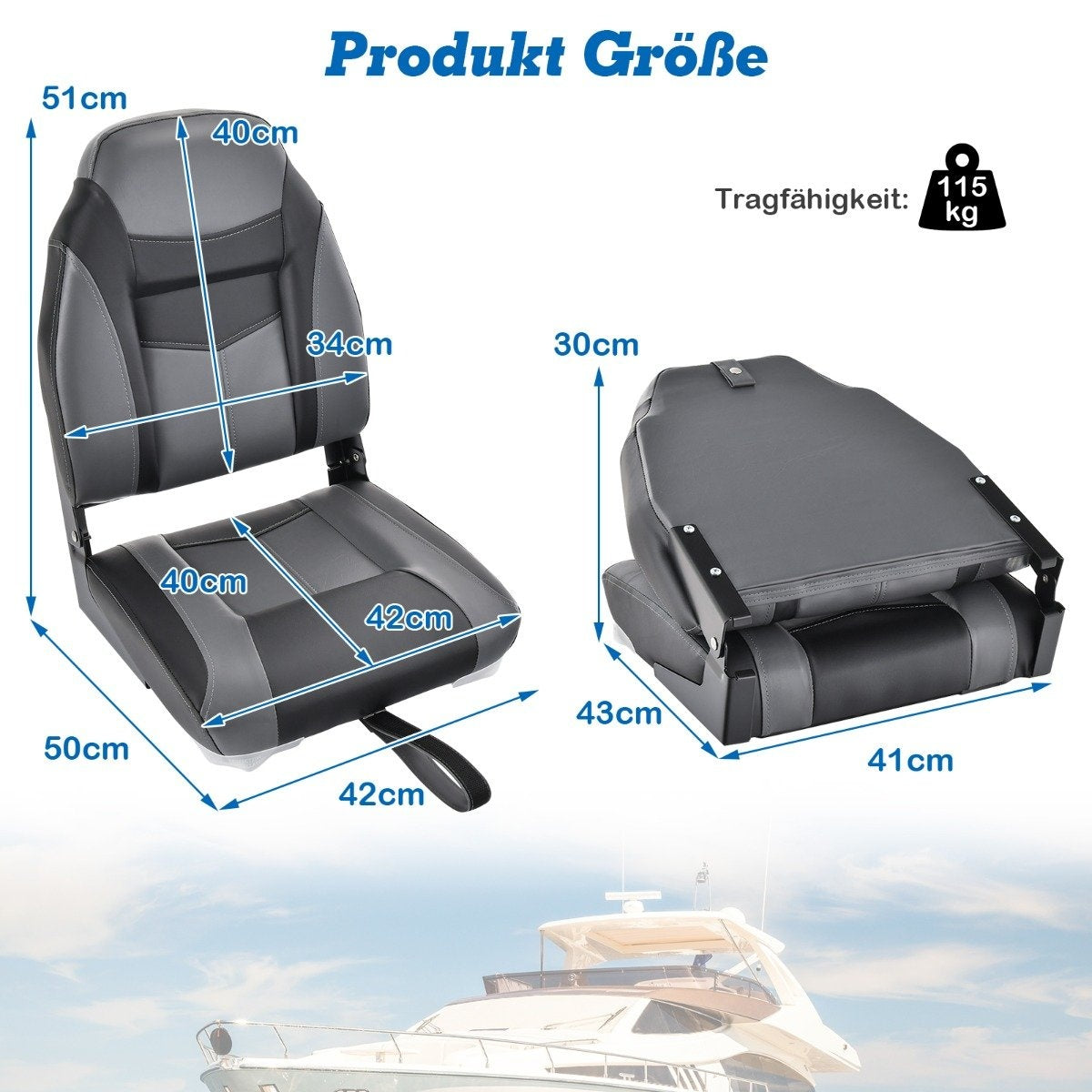 High-back boat seat with 10 cm thick sponge padding folding boat chair black