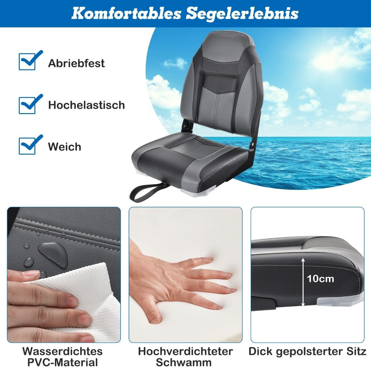High-back boat seat with 10 cm thick sponge padding folding boat chair black