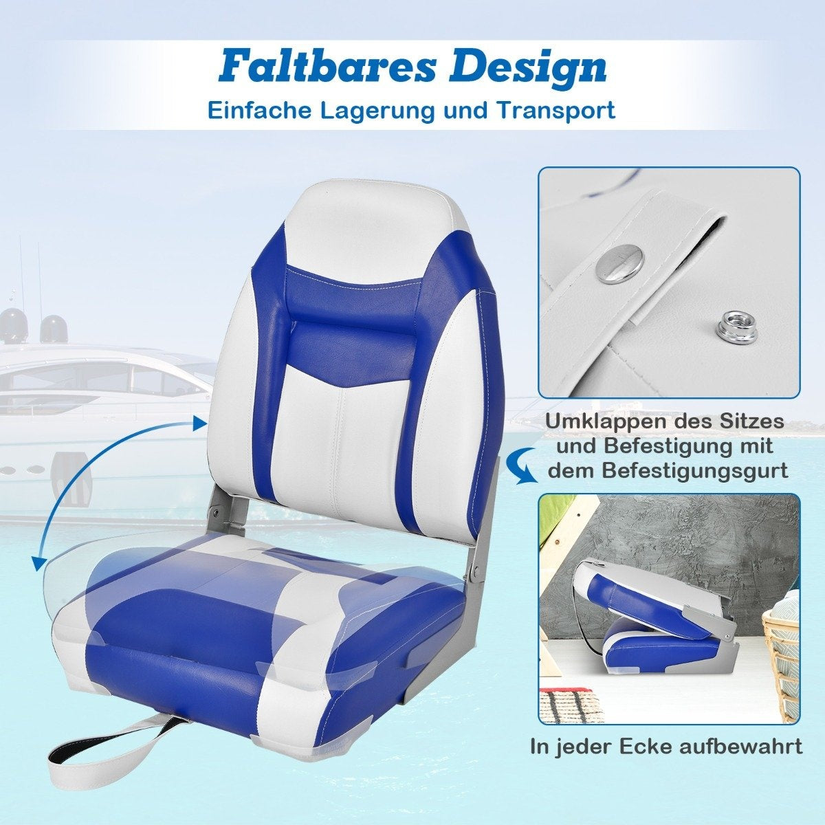 High-back boat seat with 10 cm thick sponge padding folding boat chair blue white