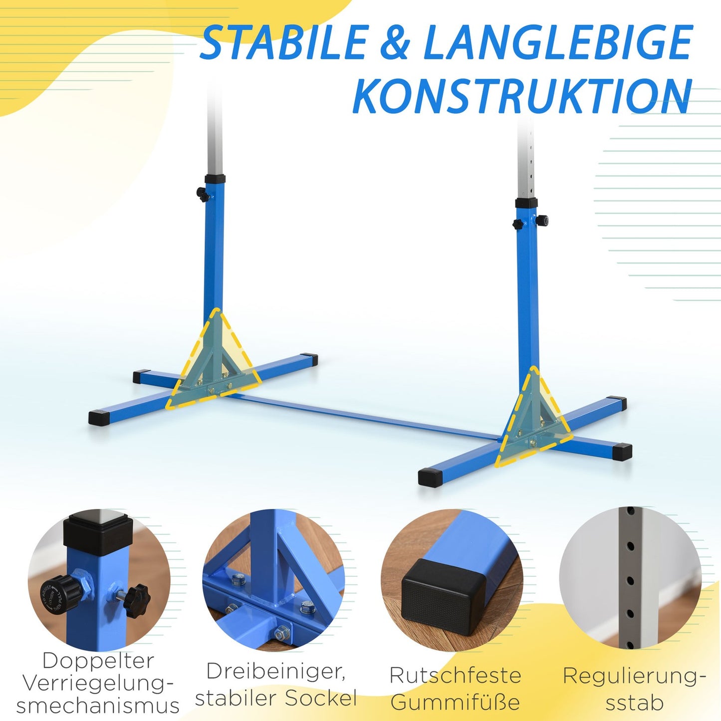 Adjustable gymnastic bar, 75 kg load, steel and wood