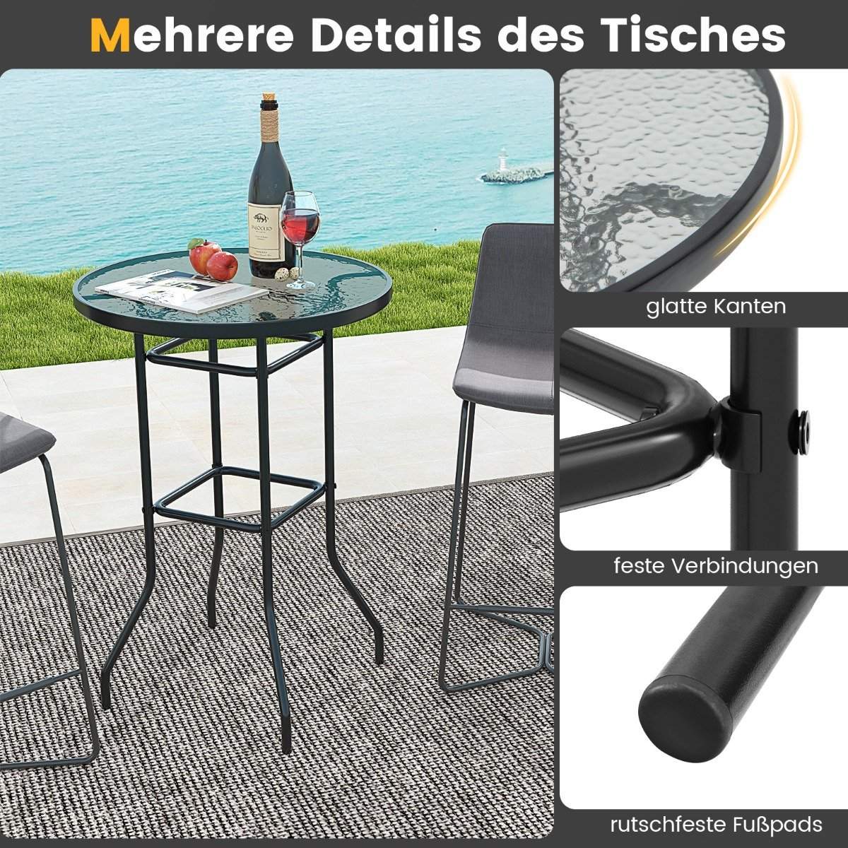 High garden table bar table round bistro table with table top made of tempered glass 68 x 68 x 97 cm black