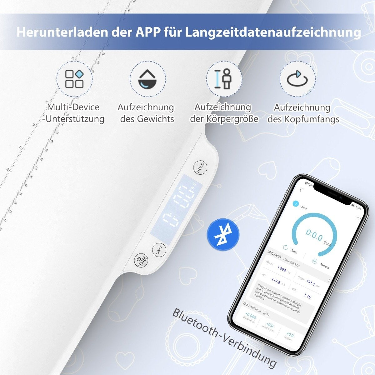 High-precision scale for babies and pets with intelligent APP control, hold and tare function, white