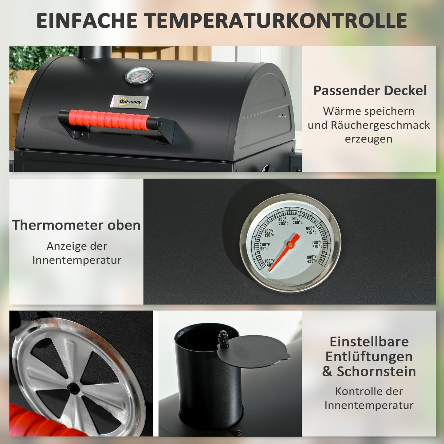 Wooden table grill with charcoal tray and thermometer