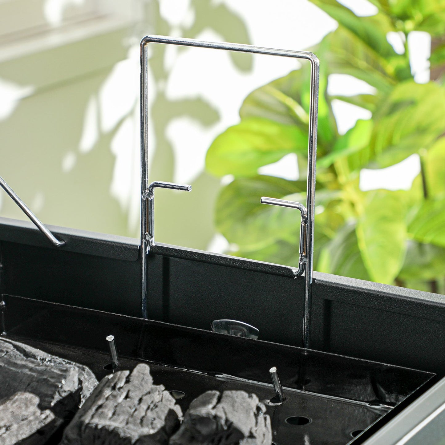 Wooden table grill with charcoal tray and thermometer