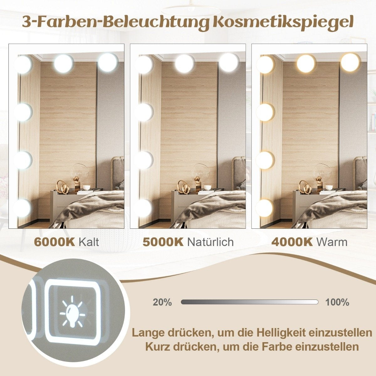 Hollywood Mirror with Lighting, USB Charging Port & Bluetooth Speaker, Cosmetic Mirror for Bedroom, 58 x 46 cm, White