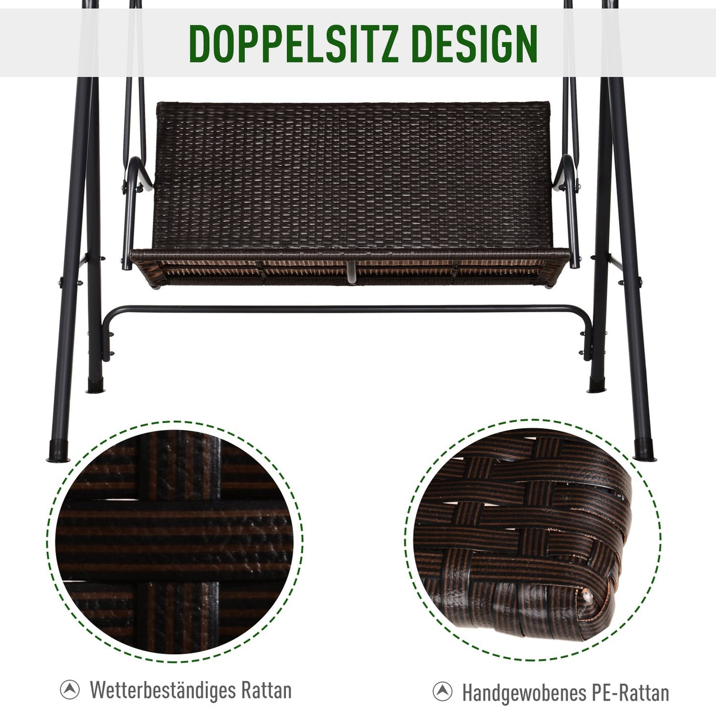 2-seater garden swing bench - adjustable canopy, rattan frame