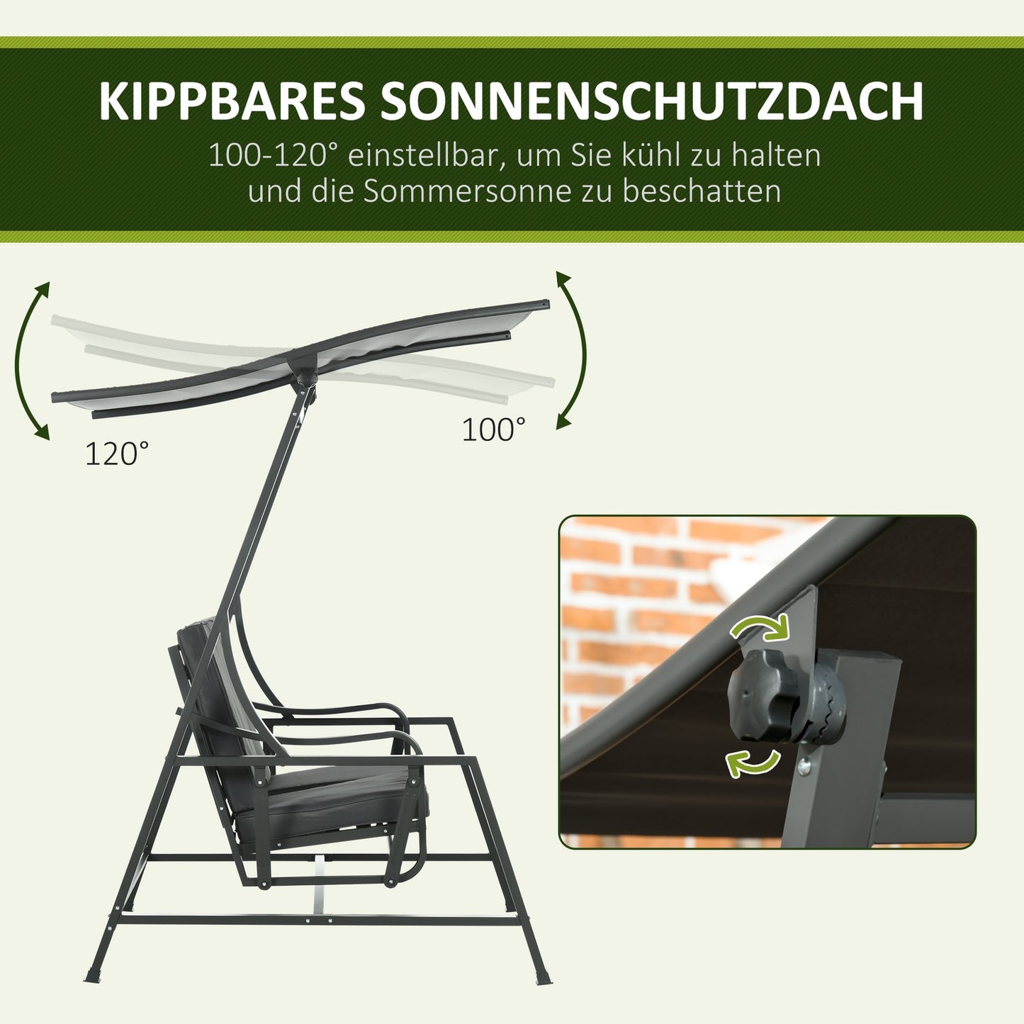 2-seat garden swing with adjustable canopy, dark grey