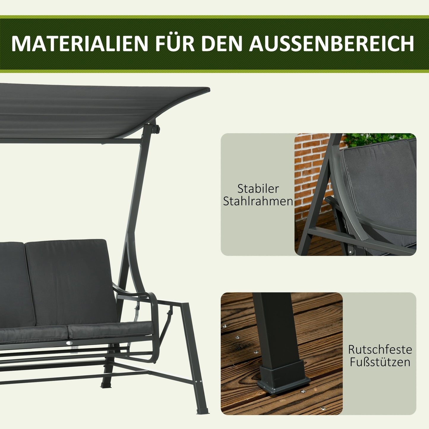 2-seat garden swing with adjustable canopy, dark grey