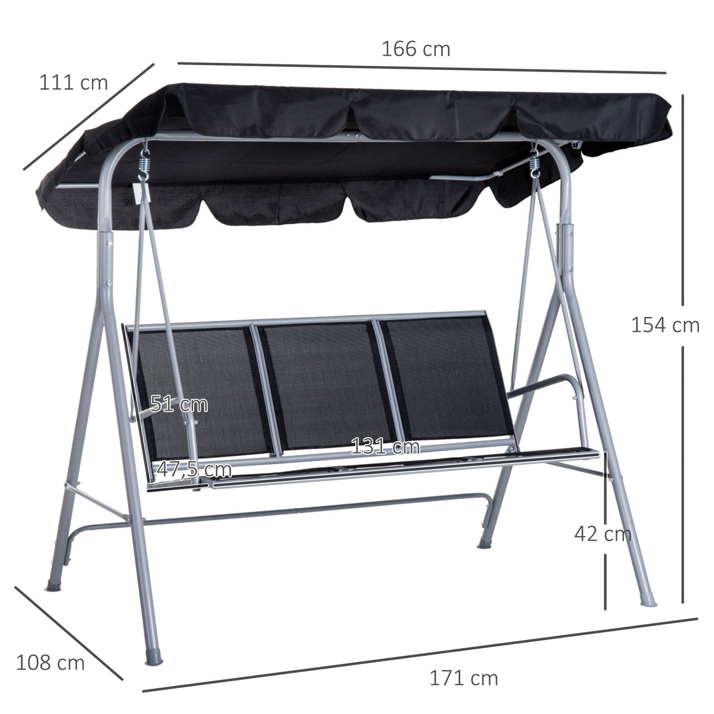 3-seat garden swing with roof - metal frame, black/silver