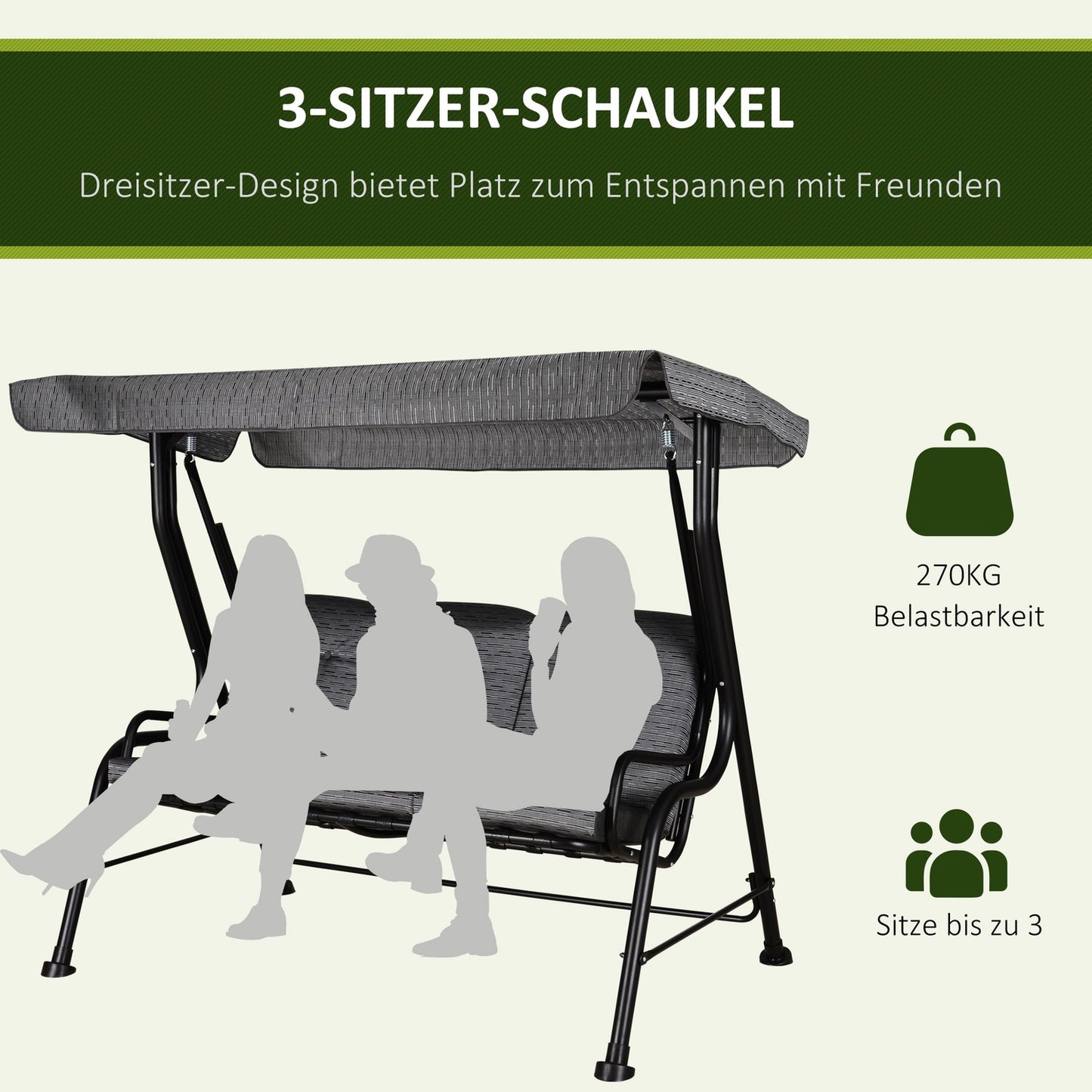 3-seat garden swing with adjustable canopy, grey