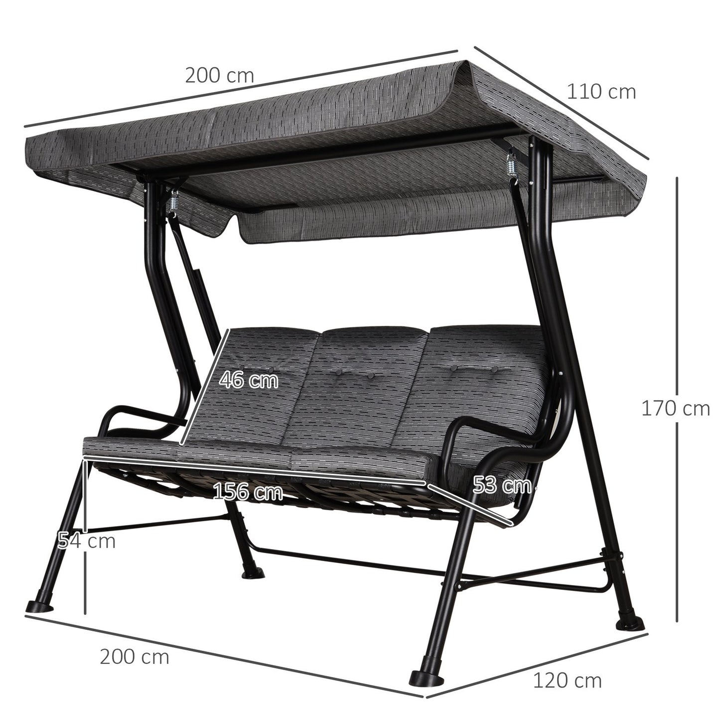 3-seat garden swing with adjustable canopy, grey