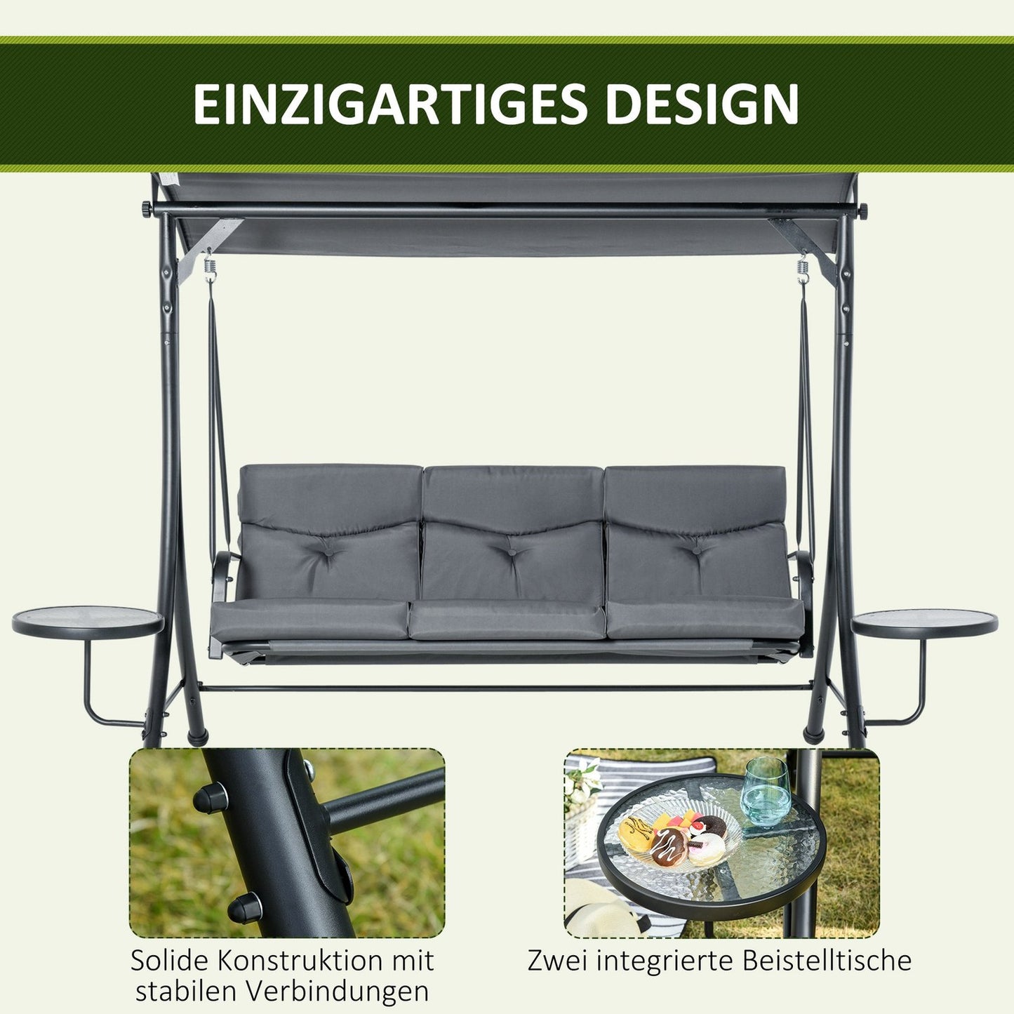 3-seater garden swing bench with canopy and table