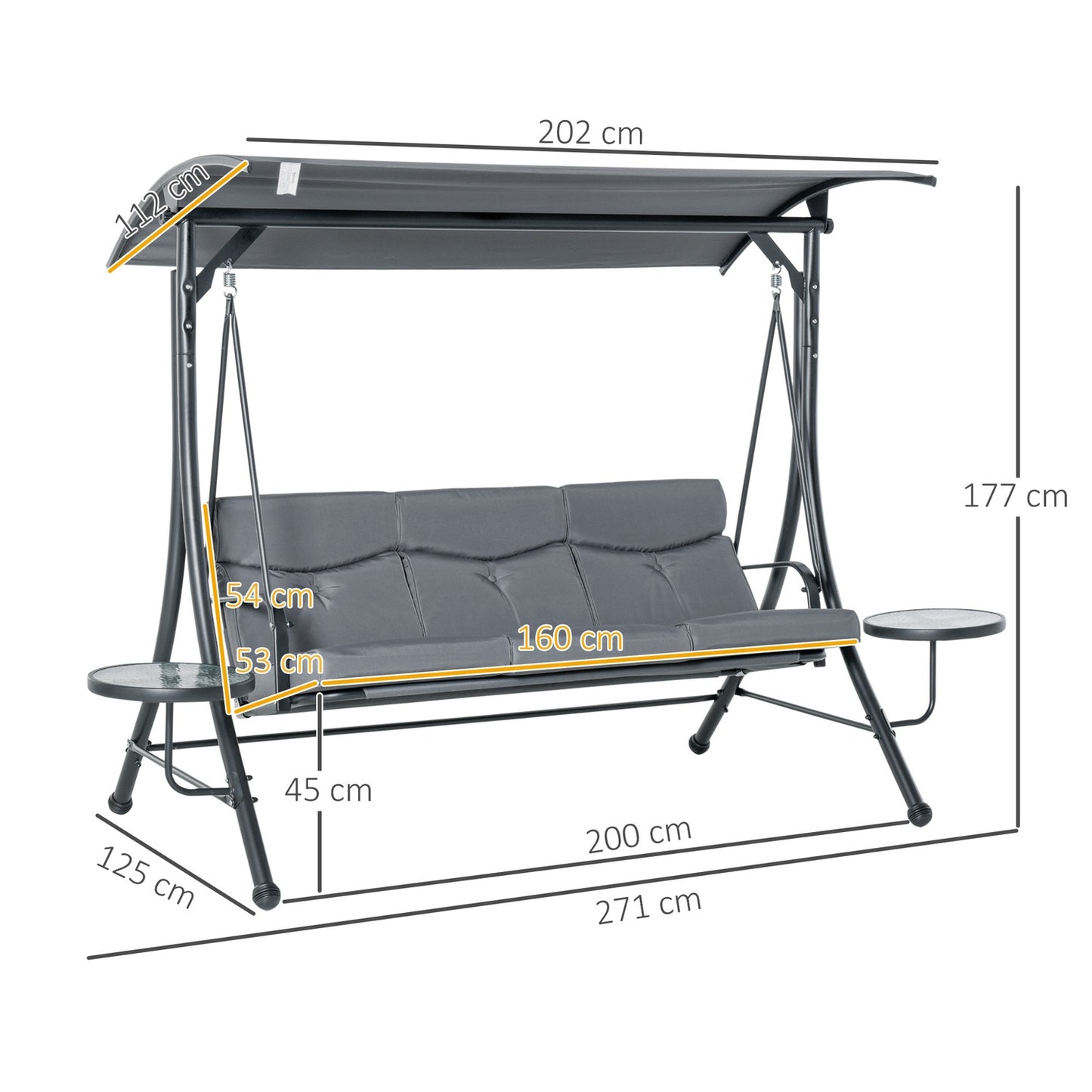 3-seater garden swing bench with canopy and table