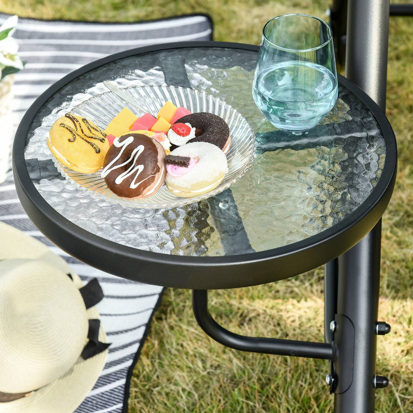 3-seater garden swing bench with canopy and table