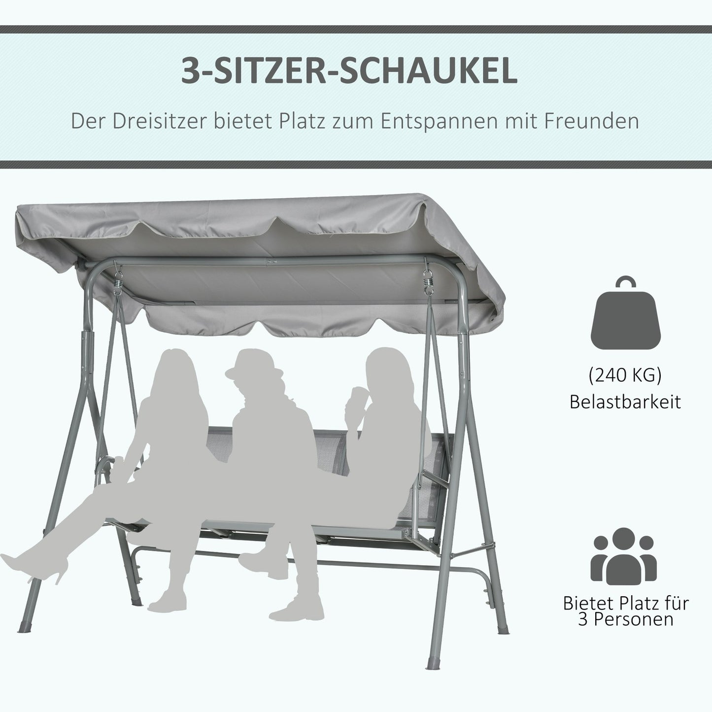 3-seater gray garden swing bench with roof - metal 170x110x153cm
