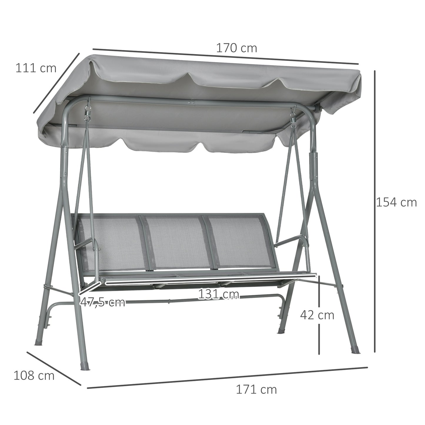 3-seater gray garden swing bench with roof - metal 170x110x153cm