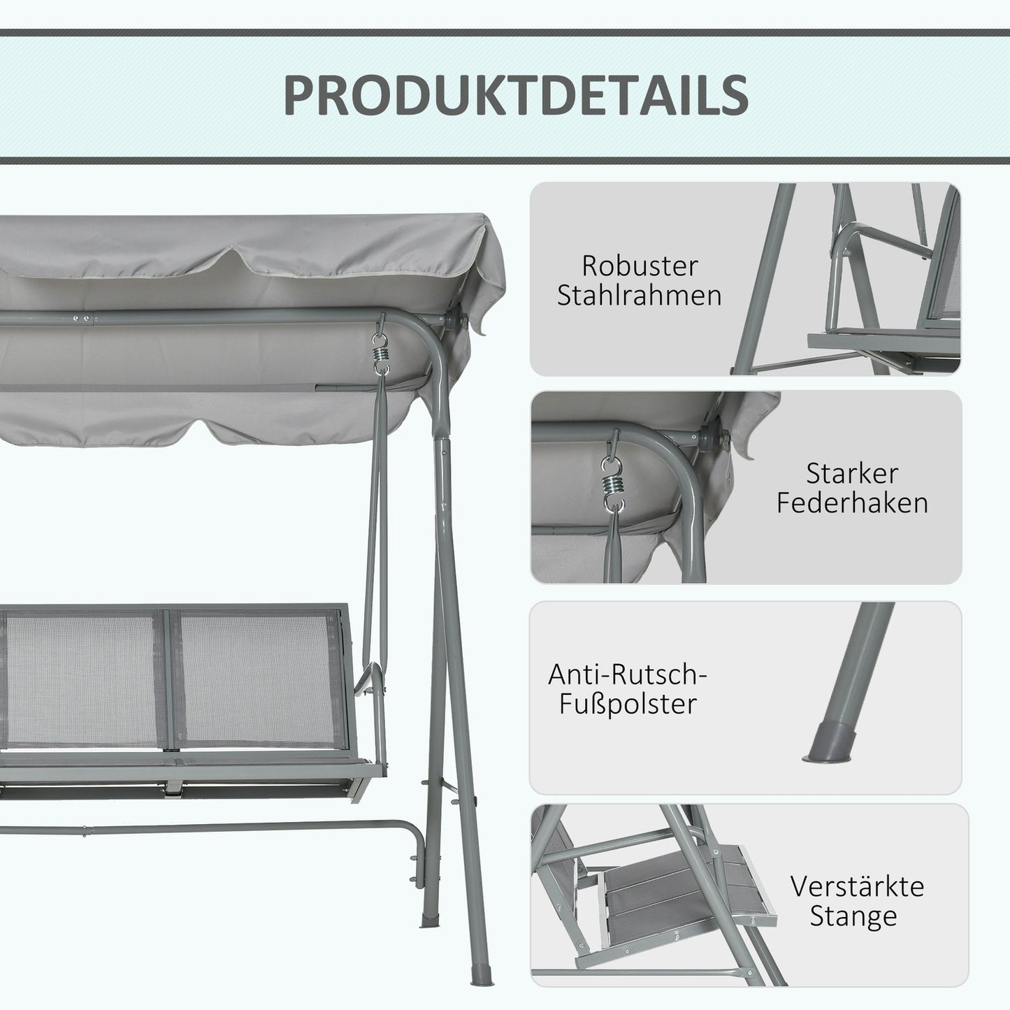 3-seater gray garden swing bench with roof - metal 170x110x153cm