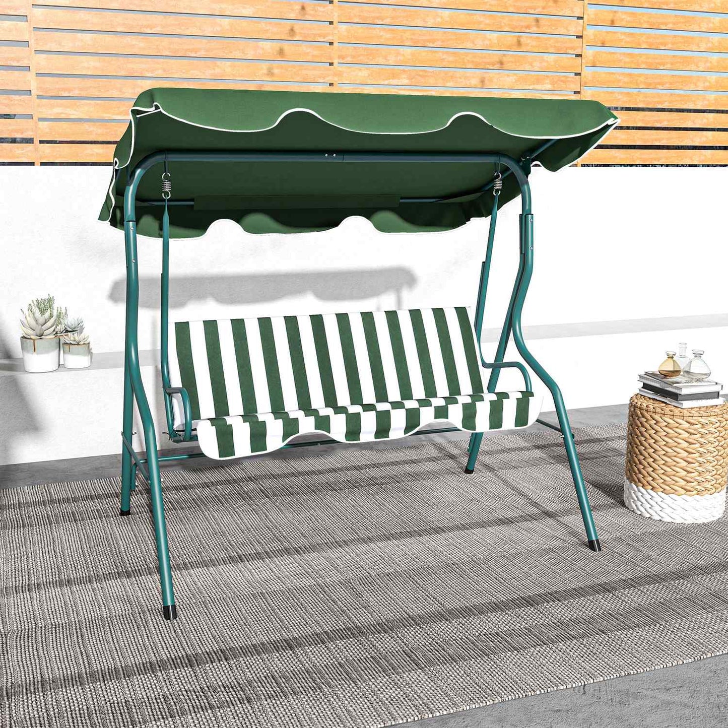 3-seat garden swing with canopy, steel frame, green