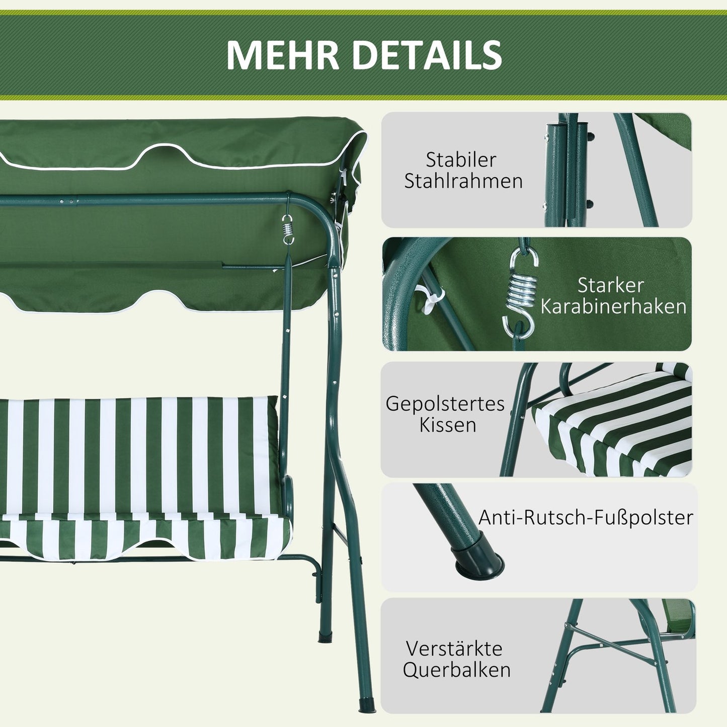 3-seat garden swing with canopy, steel frame, green