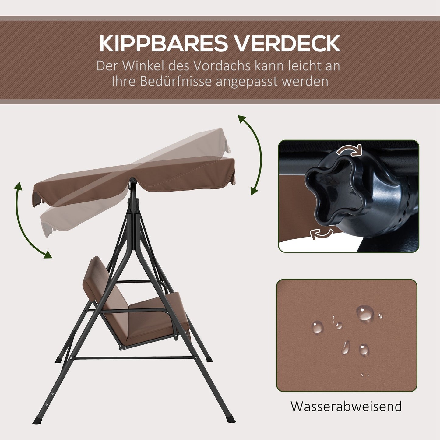 3-seat swing with adjustable roof, water resistant