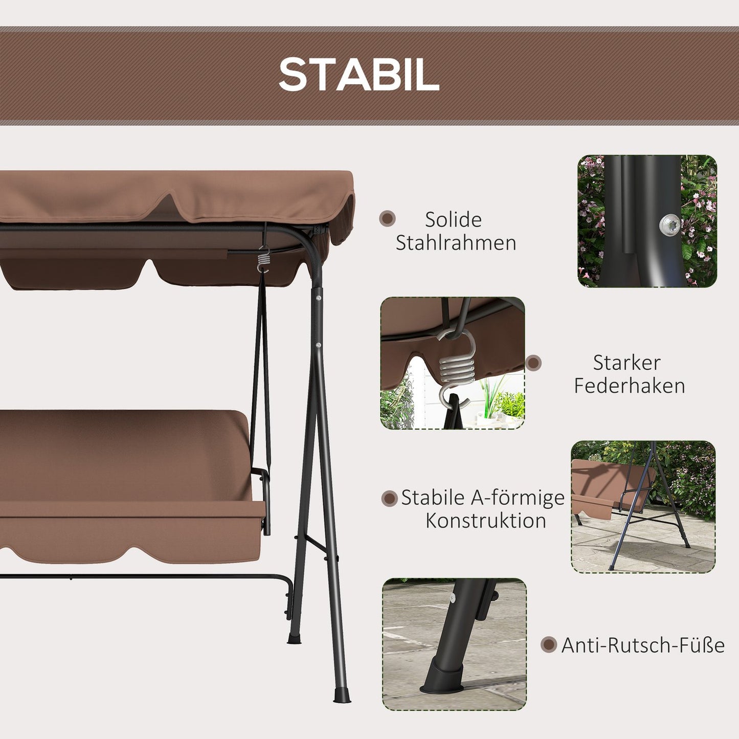 3-seat swing with adjustable roof, water resistant