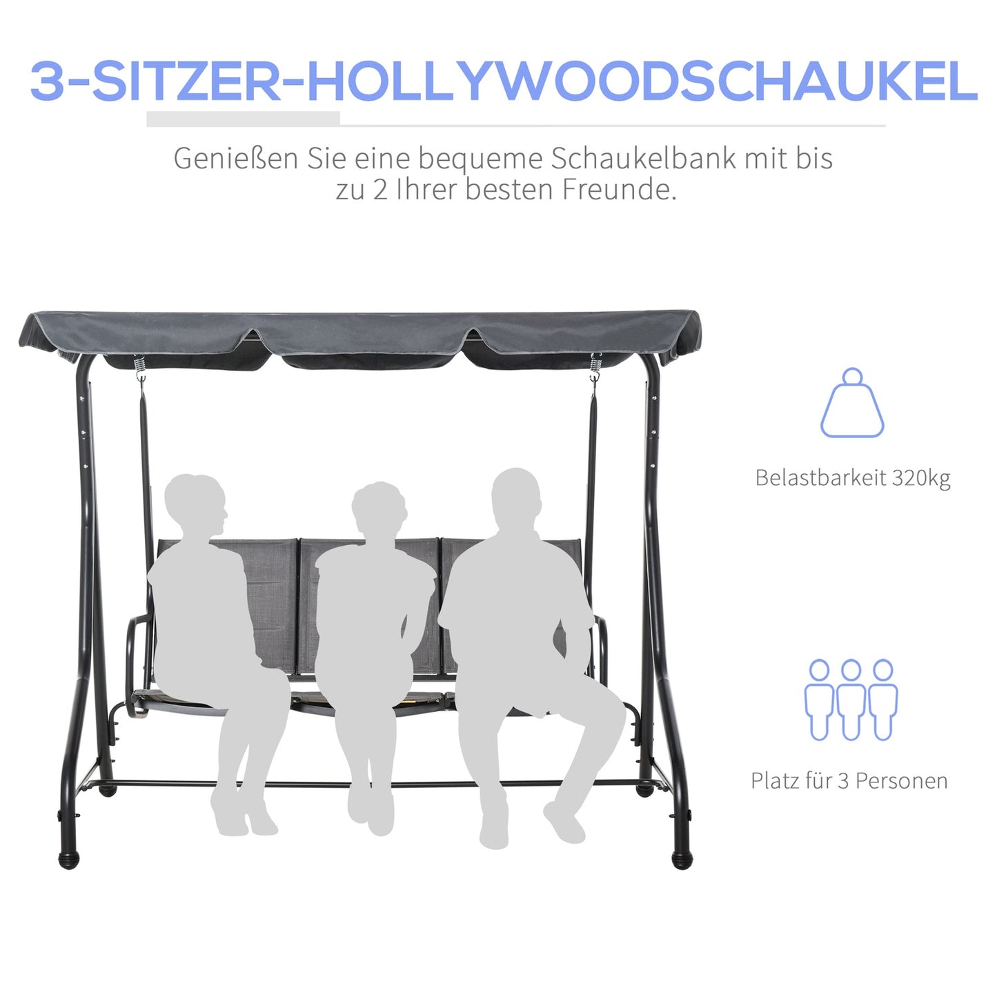 3-seat garden swing with adjustable canopy, gray steel